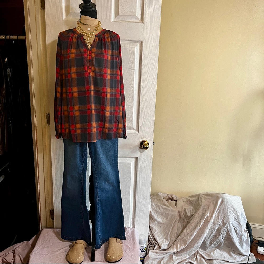 Belle Boho Kim Gravel Chiffon Plaid Artsy Preppy Button Casual‎ Work Dress Top S